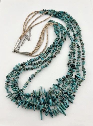 SANTO DOMINGO KEWA SPIDERWEB TURQUOISE OLIVE SHELL 4 STRAND HEISHI NECKLACE 35": SANTO DOMINGO KEWA SPIDERWEB TURQUOISE OLIVE SHELL 4 STRAND HEISHI NECKLACE 35" Vtg Santo Domingo Kewa Spiderweb Turquoise Olive Shell 4 Strand Heishi Necklace 35" Necklace Can Be Worn From 30" to 35"