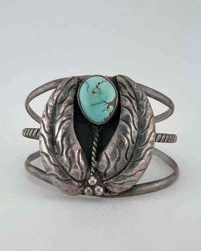 VINTAGE NAVAJO STERLING SILVER DRY CREEK TURQUOISE STAMPED WIDE CUFF BRACELET: Vintage Navajo Sterling Silver Dry Creek Turquoise Stamped Wide Cuff Bracelet Cuff is 5 1/2" tip to Tip and has a Just Under 1" Wide - Adjustable Gap Cuff Is Slightly Over 1 1/2" Wide In the Center We