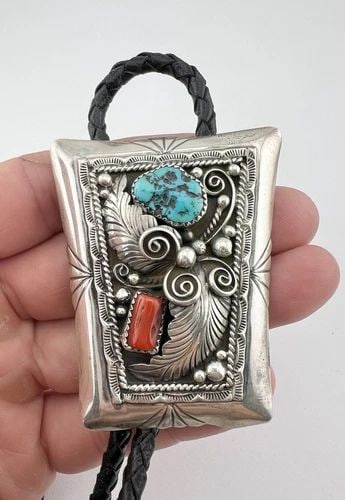 VTG NAVAJO STERLING SILVER SLEEPING BEAUTY TURQUOISE & CORAL BOLO TIE 2 3/8": VTG NAVAJO STERLING SILVER SLEEPING BEAUTY TURQUOISE & CORAL BOLO TIE 2 3/8" Vtg Navajo Sterling Silver Sleeping Beauty Turquoise & Coral Bolo Tie 2 3/8" Size: 2 3/8" Tall by 2" Wide at the Top Weight