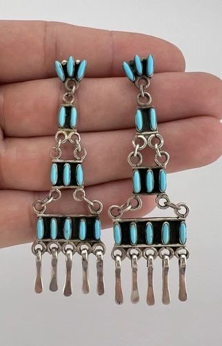 VTG ZUNI STERLING SILVER NEEDLEPOINT TURQUOISE 4 TIER CLUSTER DANGLE EARRINGS 3" (1 of 2)