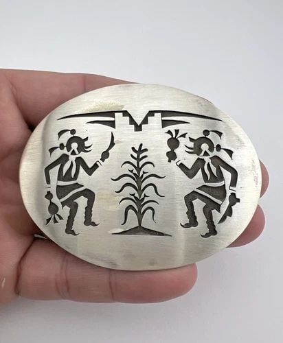 VTG HOPI STERLING SILVER KACHINA DANCER & CORN STALK OVERLAY BELT BUCKLE 3"-40G (1 of 2)