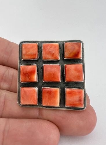 VTG NAVAJO STERLING SILVER NATURAL ORANGE SPINY OYSTER SHELL SQUARE RING 21.3G (1 of 2)