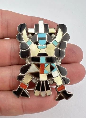 VINTAGE ZUNI KNIFEWING STERLING SILVER & MULIT GEMSTONE FLUSH PIN PENDANT 2 1/8" (1 of 2)