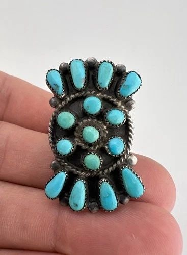 HUGE OLD PAWN ZUNI SILVER PETIT POINT TURQUOISE CLUSTER WOMEN'S 1.5" LONG RING: HUGE OLD PAWN ZUNI SILVER PETIT POINT TURQUOISE CLUSTER WOMEN'S 1.5" LONG RING HUGE Old Pawn Zuni Silver Petit Point Turquoise Cluster Women's 1.5" Long Ring Ring Size: 6- Can Be re Sized Weight is 10