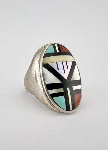 VINTAGE ZUNI STERLING SILVER MOSAIC MULTI GEMSTONE INGOT MEN'S RING 14.6G #3: Vintage Zuni Sterling Silver Mosaic Multi Gemstone Ingot Men's Ring 14.6g #3 Ring Size: 11.25 - Can Be Resized Weight is 14.6 Grams on my scale Test Positive For Sterling Silver Ring is 1 1/8" Tall In