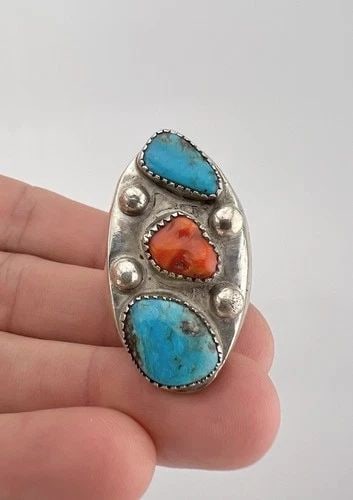 HUGE VTG NAVAJO STERLING SILVER TURQUOISE & CORAL STAMPED INGOT MEN'S RING 24.5G: HUGE VTG NAVAJO STERLING SILVER TURQUOISE & CORAL STAMPED INGOT MEN'S RING 24.5G HUGE Vtg Navajo Sterling Silver Turquoise & Coral Stamped Ingot Men's Ring 24.5g Ring Size: 11 - Can Be Re Sized Weight