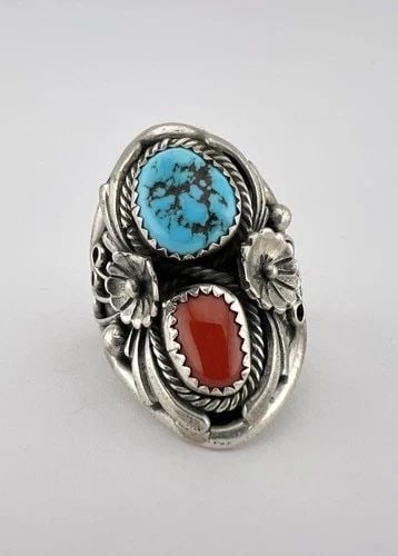 VTG NAVAJO STERLING SILVER SLEEPING BEAUTY TURQUOISE & CORAL STAMPED RING 14.4G: VTG NAVAJO STERLING SILVER SLEEPING BEAUTY TURQUOISE & CORAL STAMPED RING 14.4G Vtg Navajo Sterling Silver Sleeping Beauty Turquoise & Coral Stamped Ring 14.4g Ring Size: 11.25 - Can Be Re Sized Weigh