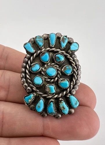 HUGE OLD PAWN ZUNI SILVER PETIT POINT TURQUOISE CLUSTER WOMEN'S 1.75" LONG RING: HUGE OLD PAWN ZUNI SILVER PETIT POINT TURQUOISE CLUSTER WOMEN'S 1.75" LONG RING HUGE Old Pawn Zuni Silver Petit Point Turquoise Cluster Women's 1.75" Long Ring Ring Size: 8- Can Be re Sized Weight is 