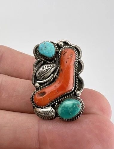 VTG SIMPLICIO LEEKYA DEYUSE ZUNI STERLING SILVER TURQUOISE CORAL WOMEN'S RING #2 (1 of 2)