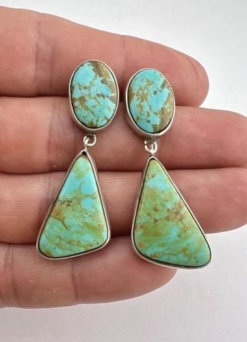 VINTAGE NAVAJO STERLING SILVER ROYSTON TURQUOISE POST DANGLE EARRINGS 1.75": VINTAGE NAVAJO STERLING SILVER ROYSTON TURQUOISE POST DANGLE EARRINGS 1.75" Vintage Navajo Sterling Silver Royston Turquoise Post Dangle Earrings 1.75" Size: 1 3/4" Tall With Dangle & 5/8" Wide at the