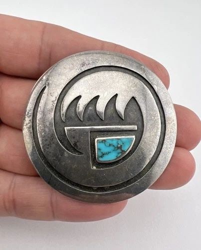 VINTAGE HOPI STERLING SILVER TRIBAL WAVE OVERLAY & FLUSH TURQUOISE PIN BROOCH 2" (1 of 2)