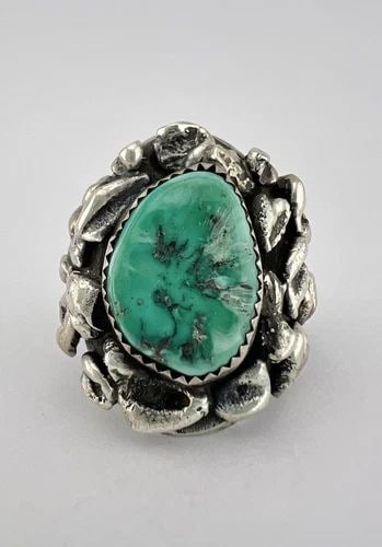 VTG NAVAJO STERLING SILVER GREEN FOX TURQUOISE STAMPED NUGGET INGOT RING 25.1G (1 of 2)