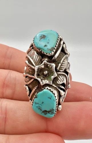 VTG NAVAJO STERLING SILVER SLEEPING BEAUTY TURQUOISE FEATHER LONG RING 1 5/8" (1 of 2)