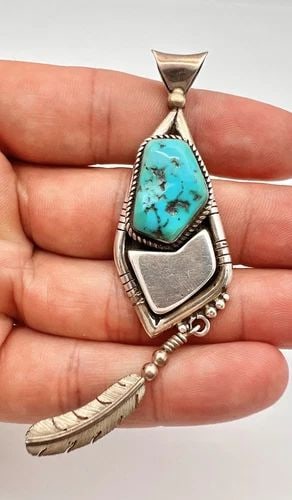 BEN BEGAYE NAVAJO STERLING SILVER SLEEPING BEAUTY TURQUOISE STAMPED PENDANT 3.5" (1 of 2)