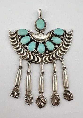 VTG FRED & ELSIE LONCONSELLO ZUNI STERLING SILVER TURQUOISE DANGLE PENDANT 3.75": VTG FRED & ELSIE LONCONSELLO ZUNI STERLING SILVER TURQUOISE DANGLE PENDANT 3.75" Vtg Fred & Elsie LONCONSELLO ZUNI Sterling Silver Turquoise Dangle Pendant 3.75" Size: 3 3/4" Tall With Bail & Dangle B