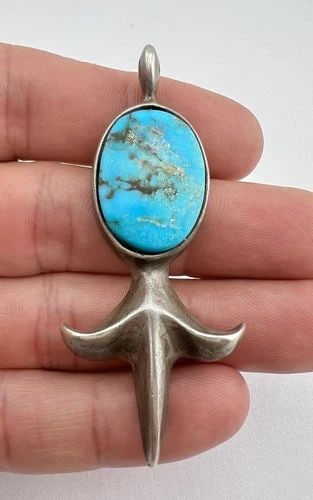 VTG NAVAJO SANDCAST STERLING SILVER BLUE GEM TURQUOISE DAGGER PENDANT 2 5/8" (1 of 2)