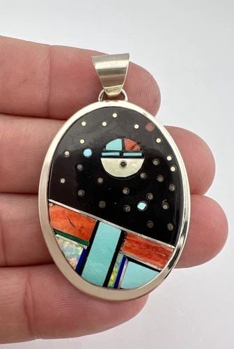 VTG NAVAJO STERLING SILVER MULTI GEMSTONE SUNFACE & GALAXY FLUSH PENDANT 2": VTG NAVAJO STERLING SILVER MULTI GEMSTONE SUNFACE & GALAXY FLUSH PENDANT 2" Vtg Navajo Sterling Silver Multi Gemstone Sunface & Galaxy Flush Pendant 2" Size: 2" Tall With Bail & 1 1/4" Wide Weight is 