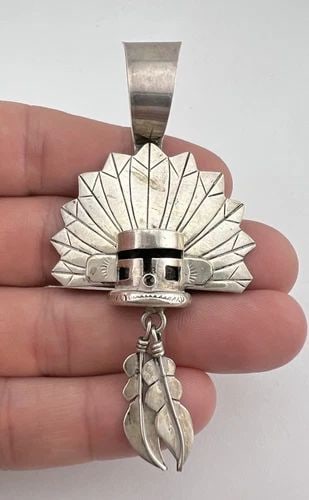 VINTAGE NAVAJO STERLING SILVER STAMPED 3D KACHINA DANGLE PENDANT 3 3/8" (1 of 2)