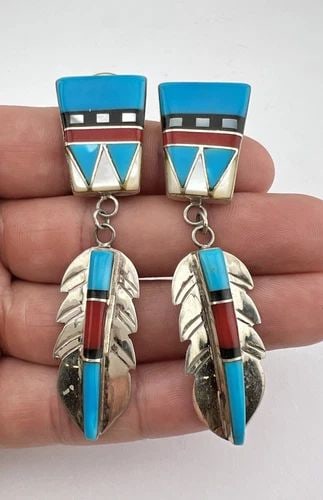 VINTAGE NAVAJO STERLING SILVER MULTI GEMSTONE FEATHER POST DANGLE EARRINGS 3" (1 of 2)