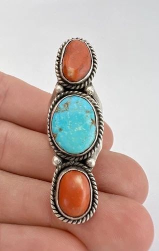 MARCUS CHAVEZ NAVAJO STERLING SILVER BLUE GEM TURQUOISE & CORAL STAMPED RING 2" (1 of 2)