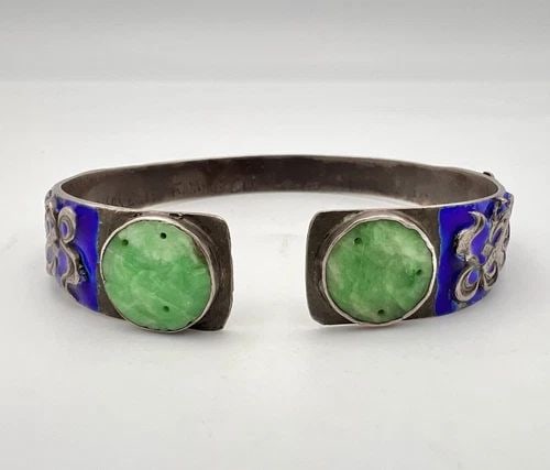 ANTIQUE OLD CHINESE EXPORT SILVER & APPLE JADE FLORAL ENAMEL CUFF BRACELET 40G (1 of 2)