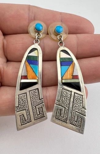 VINTAGE NAVAJO STERLING SILVER MULTI GEMSTONE OVERLAY POST DANGLE EARRINGS 2.5": VINTAGE NAVAJO STERLING SILVER MULTI GEMSTONE OVERLAY POST DANGLE EARRINGS 2.5" Vintage Navajo Sterling Silver Multi Gemstone Overlay Post Dangle Earrings 2.5" Size: 2 1/2" Tall With Dangle By 3/4" Wi