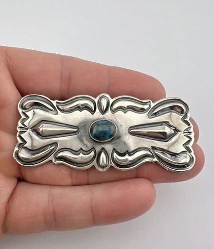 VTG NAVAJO STERLING SILVER CANDELARIA TURQUOISE STAMPED CONCHO BROOCH PIN 2.75": VTG NAVAJO STERLING SILVER CANDELARIA TURQUOISE STAMPED CONCHO BROOCH PIN 2.75" Vtg Navajo Sterling Silver Candelaria Turquoise Stamped Concho Brooch Pin 2.75" Size: 1 1/4" Tall by 2 3/4" Wide Metal: 