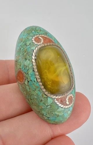 MASSIVE ANTIQUE 19TH C. NEPALI TIBETAN TURQUOISE CORAL AMBER SADDLE RING 36.6G (1 of 2)