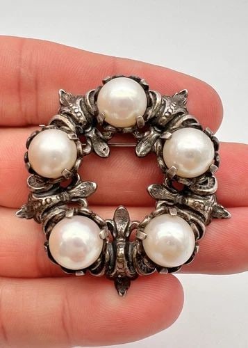 VINTAGE GUGLIELMO CINI STERLING SILVER FLORAL & PEARL CIRCLE PIN BROOCH 1.75" (1 of 2)