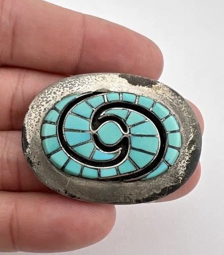 AMY QUANDELACY SILVER ZUNI FLUSH TURQUOISE HUMMINGBIRD INLAY WOMENS BUCKLE 1.75" (1 of 2)