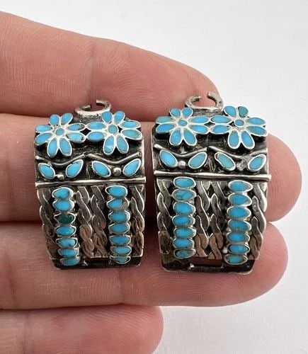 VTG ZUNI DISHTA STERLING SILVER FLUSH SCALE INLAY TURQUOISE WOMEN'S WATCH TIPS (1 of 2)