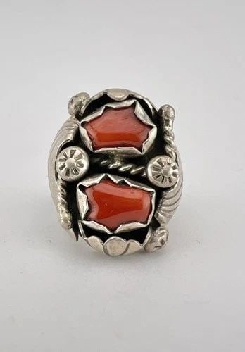 HUGE VTG WD NAVAJO STERLING SILVER NATURAL DEEP RED CORAL STAMPED RING 20.8G (1 of 2)