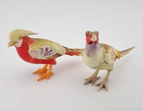 2) ANTIQUE JAPANESE / CHINESE HAND CARVED & PAINTED BIRD SCULPTURE LOT (1 of 2)