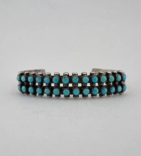 VTG FRED HARVEY ERA ZUNI TURQUOISE STERLING SILVER 2 ROW SNAKE EYE CUFF BRACELET (1 of 2)
