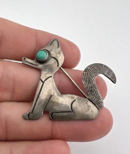 EARLY FRED HARVEY NAVAJO STERLING SILVER TURQUOISE STAMPED SKUNK RACCOON BROOCH: EARLY FRED HARVEY NAVAJO STERLING SILVER TURQUOISE STAMPED SKUNK RACCOON BROOCH Old Early Fred Harvey Era Navajo Sterling Silver Turquoise Stamped Skunk Raccoon Brooch Size: 1 3/4" Wide By 1 5/8" Tall