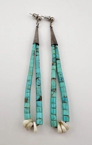 VTG SANTO DOMINGO KEWA STERLING TURQUOISE & SHELL HEISHI JACLA EARRINGS 3.75": VTG SANTO DOMINGO KEWA STERLING TURQUOISE & SHELL HEISHI JACLA EARRINGS 3.75" Vtg Santo Domingo Kewa Sterling Turquoise & Shell Heishi Jacla Earrings 3.75" Size: 3 3/4" Tall With Dangle & Around 1/2" 