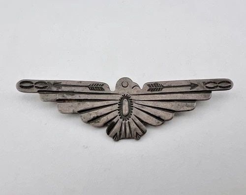 EARLY 1940'S NAVAJO STERLING SILVER STAMPED THUNDERBIRD PIN BROOCH 2 5/8" (1 of 2)
