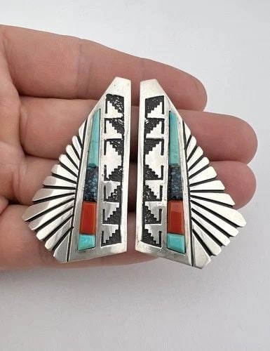 ALVIN & LULA BEGAY NAVAJO STERLING SILVER MULTI GEMS INLAY GEOMETRIC EARRINGS: ALVIN & LULA BEGAY NAVAJO STERLING SILVER MULTI GEMS INLAY GEOMETRIC EARRINGS Alvin & Lula Begay Navajo Sterling Silver Multi Gems Inlay Geometric Earrings Size: 2 1/4" Tall & 1 1/4" Wide at the Base 