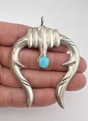 HUGE 3" VTG NAVAJO SANDCAST STERLING SILVER KINGMAN TURQUOISE NAJA PENDANT #2 (1 of 2)