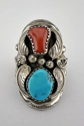 VTG NAVAJO STERLING SILVER SLEEPING BEAUTY TURQUOISE & CORAL STAMPED RING 15.3G: VTG NAVAJO STERLING SILVER SLEEPING BEAUTY TURQUOISE & CORAL STAMPED RING 15.3G Vtg Navajo Sterling Silver Sleeping Beauty Turquoise & Coral Stamped Ring 15.3g Size: 6.25 - Can Be Re Sized Weight is 1
