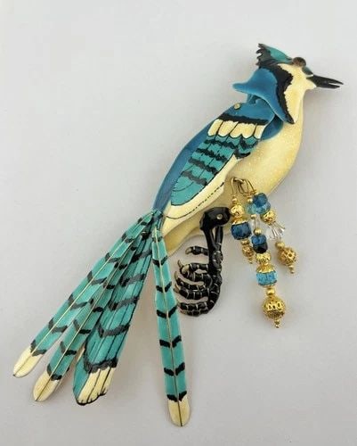 LUNCH AT THE RITZ BLUE JAY BIRD MOVEABLE ENAMEL STATEMENT PIN BROOCH PENDANT 7": LUNCH AT THE RITZ BLUE JAY BIRD MOVEABLE ENAMEL STATEMENT PIN BROOCH PENDANT 7" RARE Lunch at The Ritz Blue Jay Bird Moveable Enamel Statement Pin Brooch Pendant 7" Size: 7" Tall With Dangle By Around