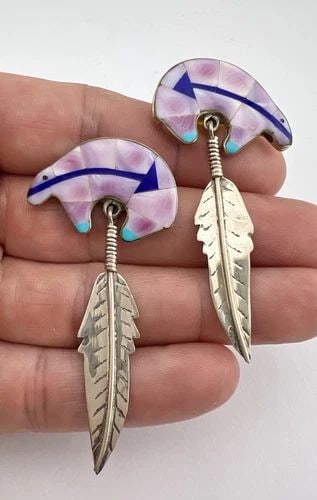 NAVAJO STERLING SILVER SPINY OYSTER TURQUOISE LAPIS BEAR FEATHER EARRINGS 2.5": NAVAJO STERLING SILVER SPINY OYSTER TURQUOISE LAPIS BEAR FEATHER EARRINGS 2.5" Vtg Navajo Sterling Silver Spiny Oyster Turquoise Lapis Bear Feather Earrings 2.5" Size: 2 1/2" Tall With Dangle By 1 1/4