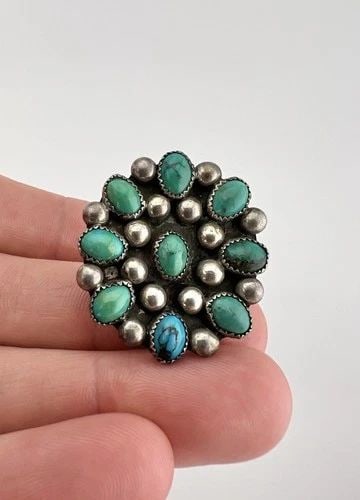 VINTAGE NAVAJO STERLING SILVER PETIT POINT TURQUOISE CLUSTER WOMEN'S RING 1.25": Vintage Navajo Sterling Silver Petit Point Turquoise Cluster Women's Ring 1.25" Ring Size: 5 - Can Be re Sized Weight is 11.4 Grams on my scale Metal: Sterling Silver Ring is 1 1/4" Tall In the Center