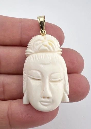ANTIQUE 14K YELLOW GOLD NATURAL WHITE ANGEL SKIN CORAL CARVED BUDDHA PENDANT 2": ANTIQUE 14K YELLOW GOLD NATURAL WHITE ANGEL SKIN CORAL CARVED BUDDHA PENDANT 2" Antique 14K Yellow Gold Natural White Angel Skin Coral Carved Buddha Pendant 2" Size: About 2" Tall With Bail By about 1
