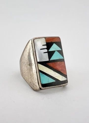 VTG M. BOOQUA ZUNI STERLING SILVER MOSAIC MULTI GEMS INGOT MEN'S RECTANGLE RING: Vtg M. Booqua Zuni Sterling Silver Mosaic Multi Gems Ingot Men's Rectangle Ring Ring Size: 11.5 - Can Be Resized Weight is 14.5 Grams on my scale Test Positive For Sterling Silver Ring is About 1" Tal
