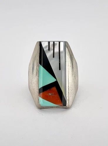 HUGE VTG ZUNI STERLING SILVER MOSAIC MULTI GEMS INGOT MEN'S RECTANGLE RING: HUGE Vtg Zuni Sterling Silver Mosaic Multi Gems Ingot Men's Rectangle Ring Ring Size: 12.5 - Can Be Resized Weight is 10.7 Grams on my scale Test Positive For Sterling Silver Ring is Just Under 1 1/4"