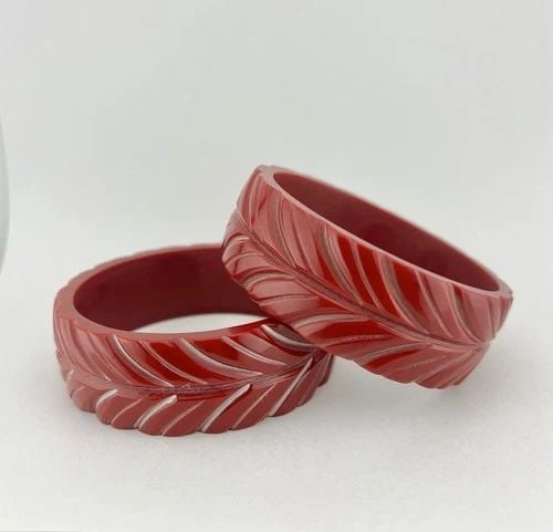 2 - VTG BAKELITE CHERRY WINE RED DEEPLY CARVED HAWAIIAN WIDE BANGLE BRACELET'S (1 of 2)