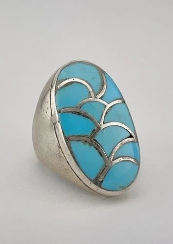 VINTAGE ZUNI STERLING SILVER FISH SCALE TURQUOISE FLUSH INLAY MEN'S RING 24.2G (1 of 2)