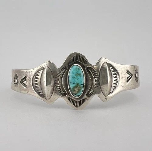 OLD FRED HARVEY NAVAJO COIN SILVER CERRILLOS TURQUOISE STAMPED CUFF BRACELET: OLD FRED HARVEY NAVAJO COIN SILVER CERRILLOS TURQUOISE STAMPED CUFF BRACELET Old Fred Harvey Navajo Coin Silver Cerrillos Turquoise Stamped Cuff Bracelet Cuff is 5 1/2" tip to Tip and has an 7/8" Wide