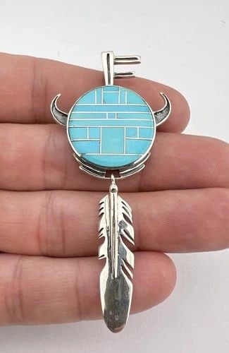 VTG NAVAJO STERLING SILVER FLUSH TURQUOISE HORNED YEI KACHINA DANGLE PENDANT 3" (1 of 2)